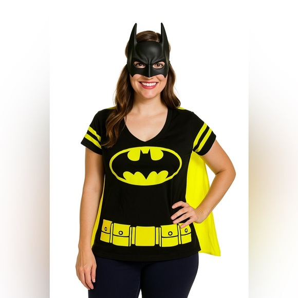 DC Comics Batman Tshirt black neon yellow cape cotton Sz Large to XL Vneck tee - Picture 1 of 11